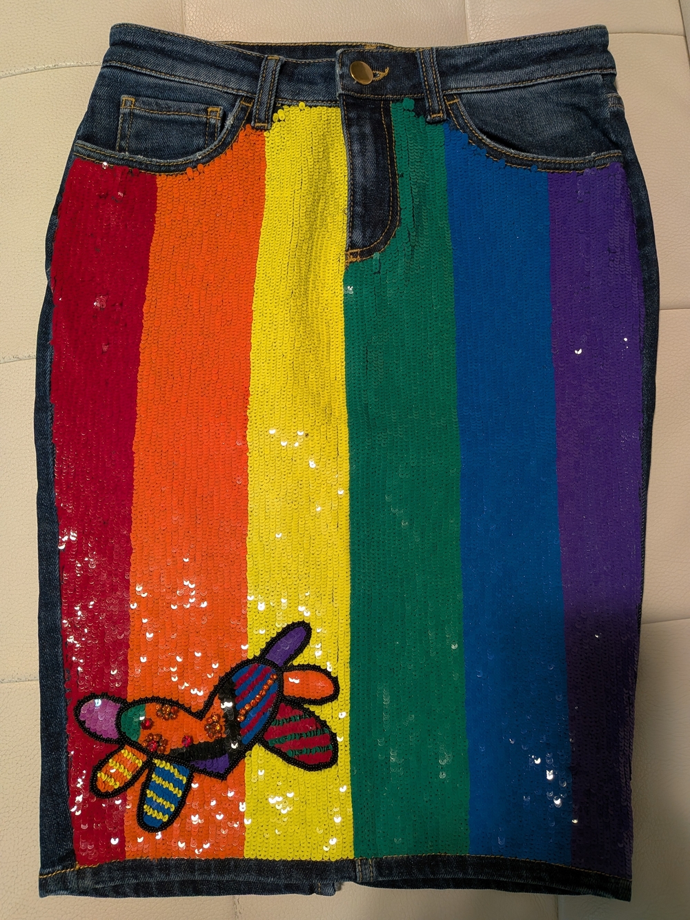Sequined Rainbow Stripe Denim Skirt